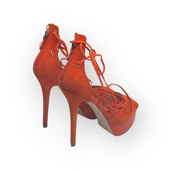 Guess ᯾ Raja Ankle Wrap Platform Stiletto Peep Toe Heels ᯾ Orange Suede ᯾ 8M - Picture 4 of 16